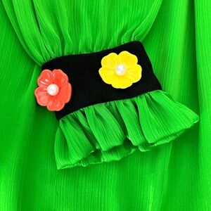 Cavalli Class Neon Green Dress with Black Waistband and Floral Buttons